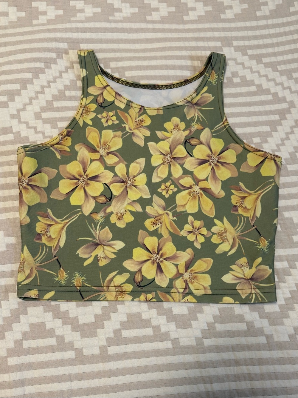 Rachel Pohl Art Sleeveless Olive Green Floral Crop Top - Yellow Columbine Print